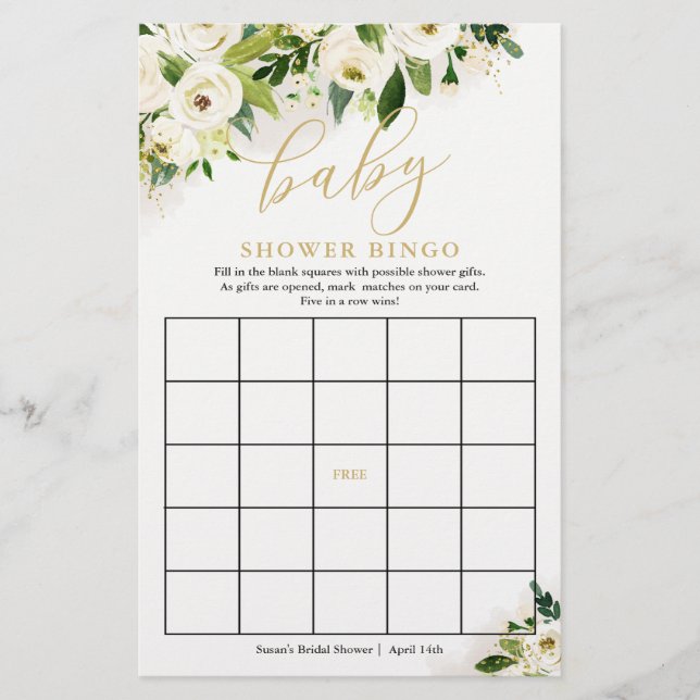 Cartão de jogo de bingo de bebê floral branco e Do (Frente)