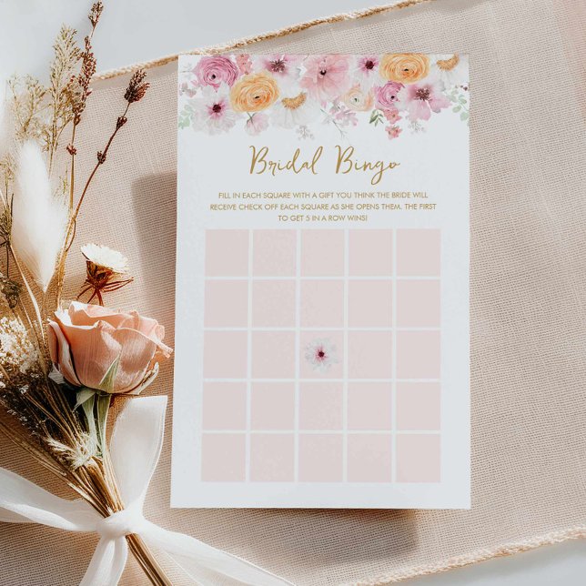 Cartão de Jogo de Brida Floral Elegante Rosa (Pink floral Bridal Bingo Card)