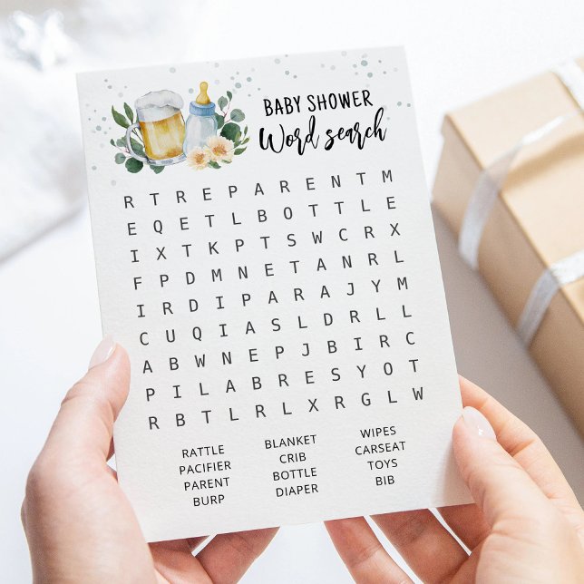 Cartão de Jogo de Busca de Palavras para Chá de Be (Beer and Floral Baby Shower Game Baby Word Search)