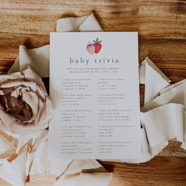 Cartão de Jogo de Chá de fraldas de Morango Rosa H (HEIDI Pink Strawberry Baby Shower Trivia Game Card)