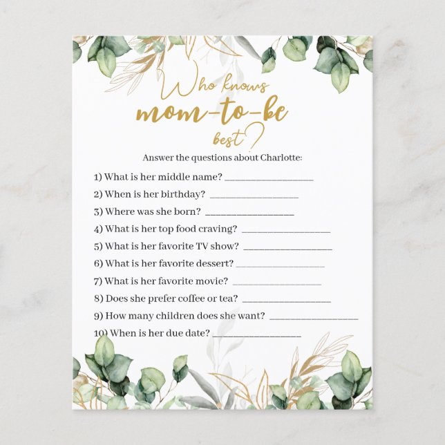 Cartão de Jogo de Chá de fraldas Eucalyptus Greene (Frente)