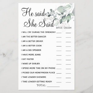 Cartão de jogo de chuveiro Aquarela Ele disse Ela 