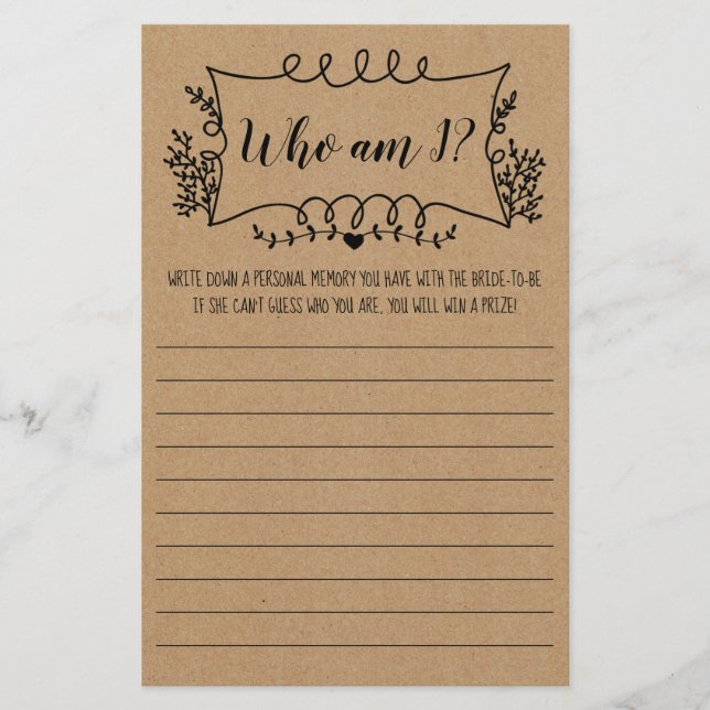Cartão de Jogo de Chuveiro de Noiva Quem sou eu  (Frente)