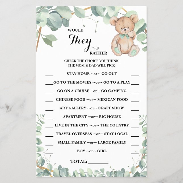 Cartão de Jogo de Chuveiro Would They Rather Bear  (Frente)