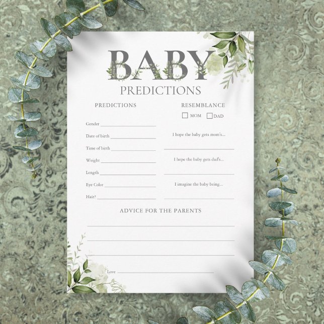 Cartão de Jogo de Chuvinha de Bebê Previsões de Be (Baby Predictions Greenery Baby Shower Game Card)