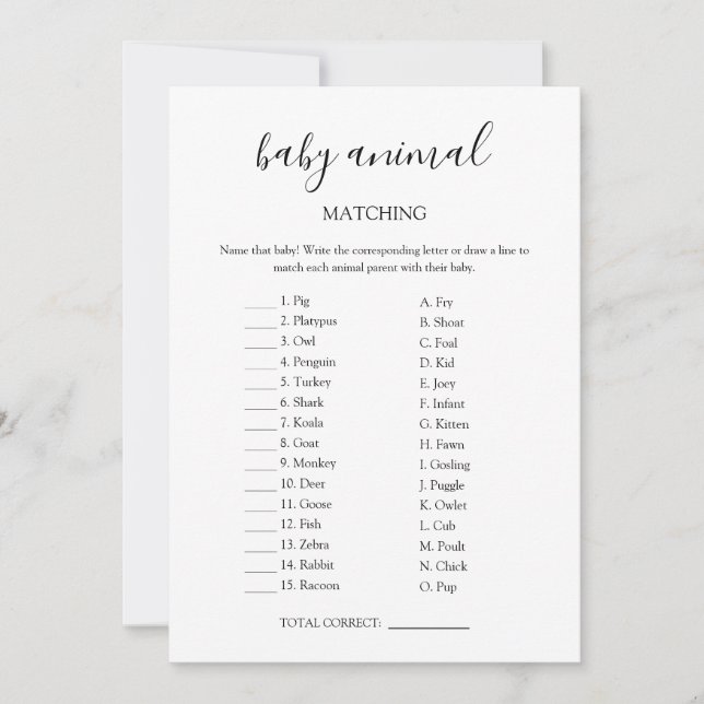 Cartão de Jogo de Combinação de Animais Bebês (Frente)