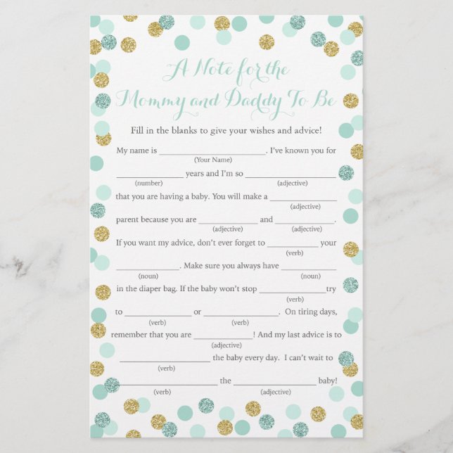 Cartão de Jogo de Conselhos de Chá de fraldas com  (Frente)