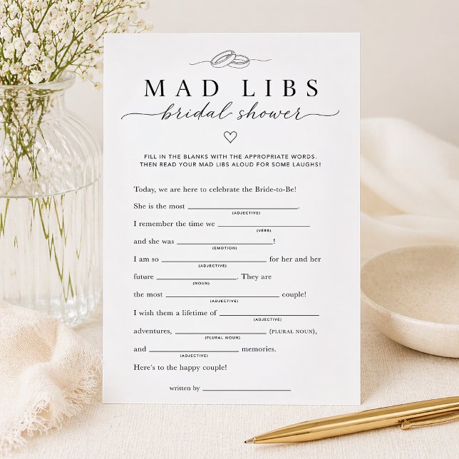 Cartão de Jogo de Festa Mad Libs para Chá de Noiva (Bridal Shower Mad Libs Game Card)
