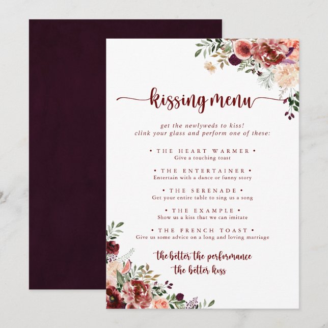 Cartão de Jogo de Menu de Beijo de Casamento Flora (Frente/Verso)