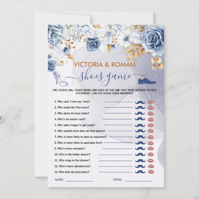 Cartão de Jogo de Sapatos Azul Elegante com Florai (Frente)