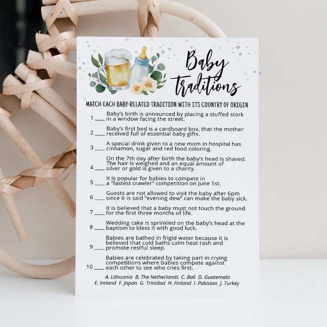 Cartão de Jogo de Tradições de Bebê Greenery Baby  (Beer Sage Green Baby Shower Baby Traditions Game)