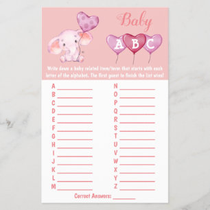 Cartão de Jogo do Chá de fraldas Baby Elephant ABC