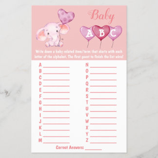 Cartão de Jogo do Chá de fraldas Baby Elephant ABC