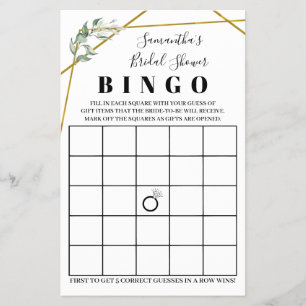 Cartão de Jogo Dourado Bingo Greenery do chá de 
