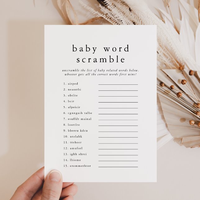 Cartão de Jogo Simples do Word Scramble do Chá de  (EMELIA Simple Baby Shower Word Scramble Game Card)