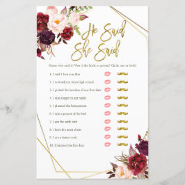 Cartão de jogos Burgundy Floral ele disse ela diss