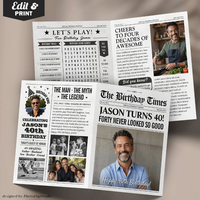 Cartão de jornal de aniversário personalizado com  (Custom Birthday Newspaper Card, Personalized Photo Card)