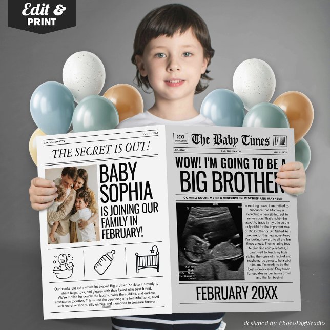 Cartão de jornal de lançamento de gravidez do Big  (Fun Baby Announcement Newspaper, I'm Going to be A Big Brother Pregnancy Announcement Newspaper Card)