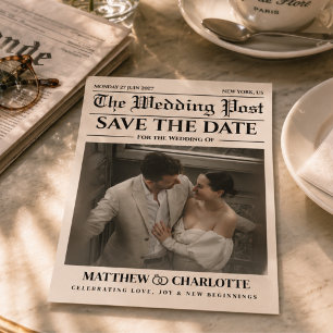Cartão de Jornal Salve a Data do Casamento Bege
