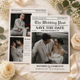 Cartão de Jornal Salve o Dia do Casamento Bege