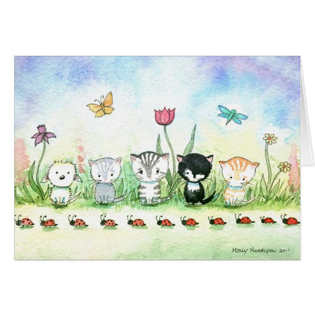 Cartão de Ladybug Kitty Cat Puppy Caprichoso (Frente Horizontal)