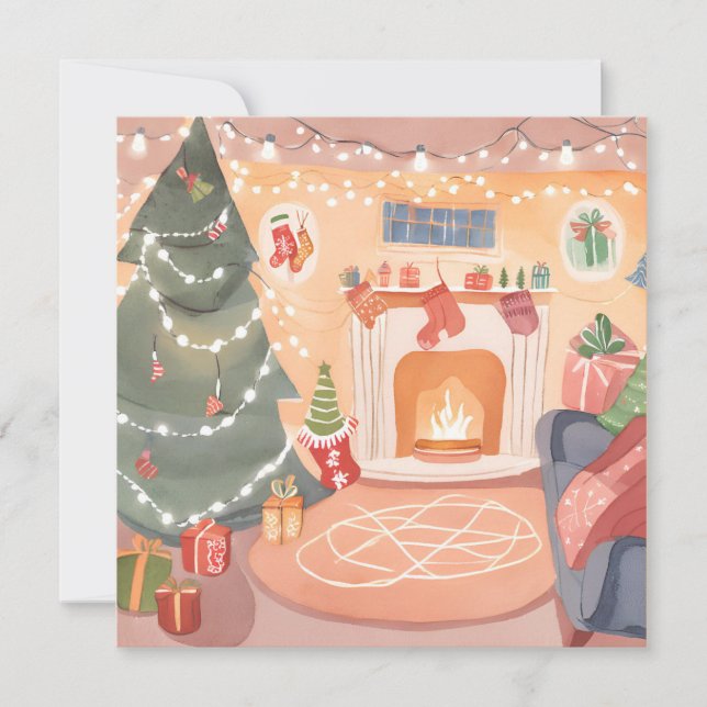 Cartão de lareira de Natal com aquarela (Frente)