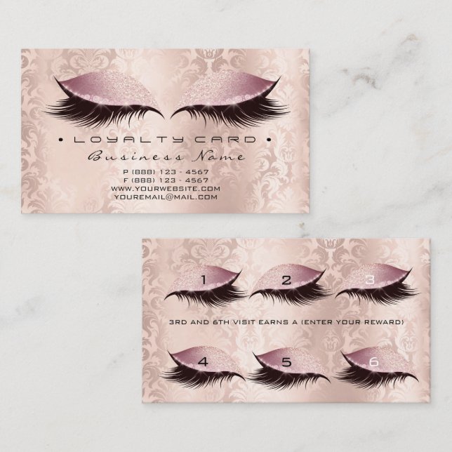 Cartão de Lealdade 6 Belo Salão Lashes Damask Rosa (Frente/Verso)