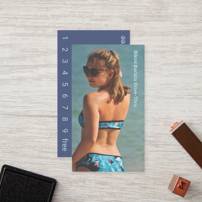 Cartão de Lealdade Drive-Thru Do Café Bikini Azul  (Frente/Verso In Situ)