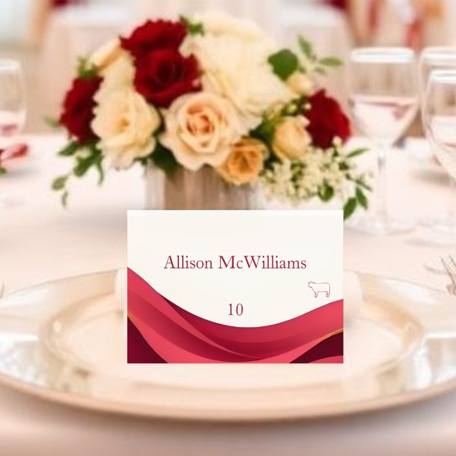 Cartão de Local de Casamento Borgonha - Carne (Burgundy and Ivory Wedding Place Card-Table Number Meat Icon)