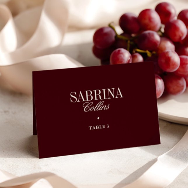 Cartão de Local de Casamento de Borgonha Minimalis (Elegant Minimalist Burgundy Wedding Place Card)