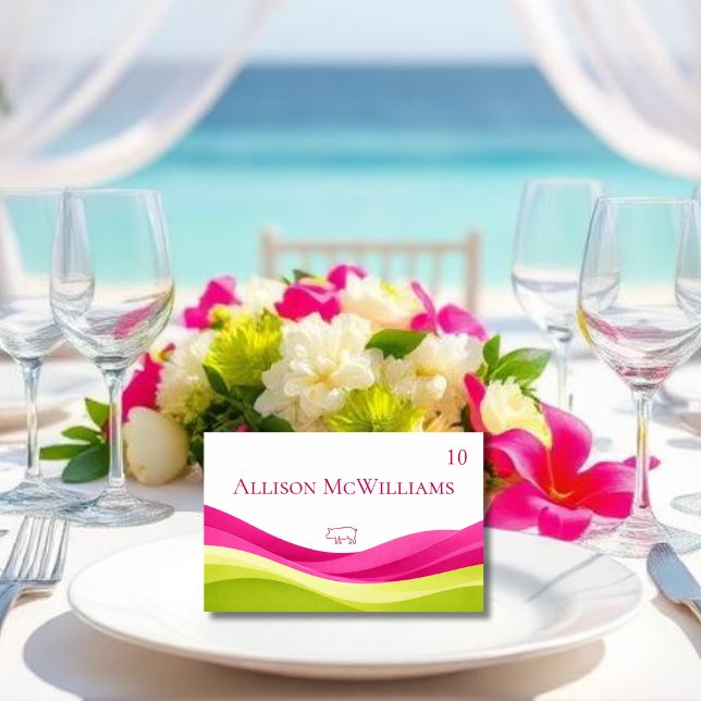 Cartão de Local de Casamento em Fuchsia e Verde Li (Fuchsia and Lime Green Wedding Table Number Meal Icon Pork)