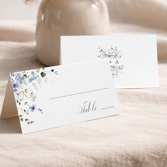 Cartão de Local de Casamento Floral Branco Azul    (Front & Back)