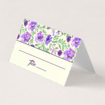 Cartão de Local de Casamento Floral Roxo e Verde