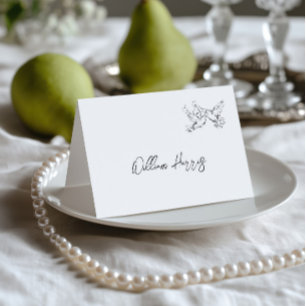 Cartão de Local de Casamento Preto e Branco Desenh