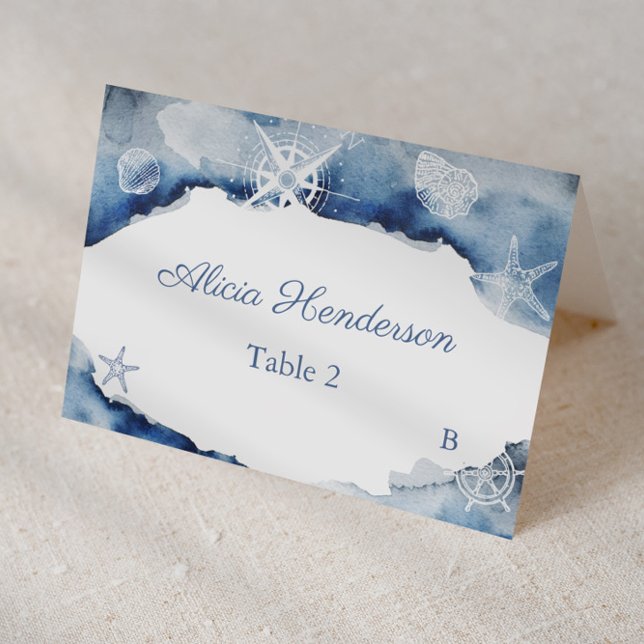 Cartão de Local do Chá de fraldas Oceano Azul Escu (Nautical inspired individual place cards for wedding, christening etc featuring dark blue watercolor)