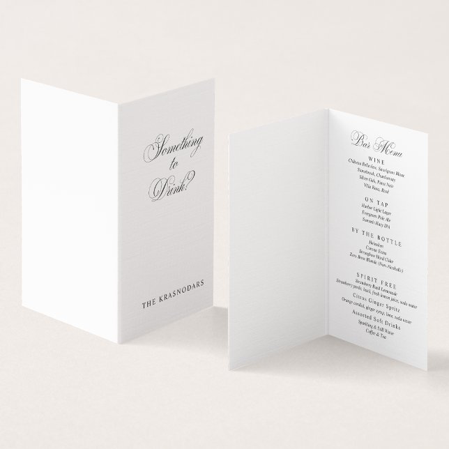 Cartão de Local do Menu Bar de Casamento de Script (Elegant Script Wedding Bar Menu Place Card)