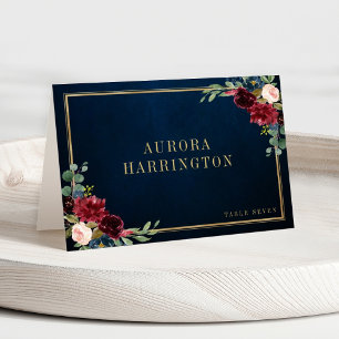 Cartão de Local Dourado Floral Blush Marinho Blush