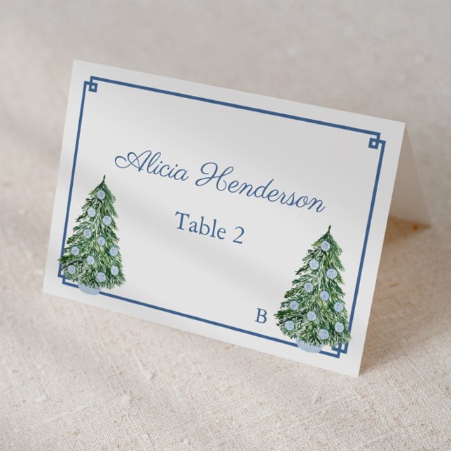 Cartão de Local Individual da Árvore de Natal Chin (Chinoiserie holidays tree with navy blue greek key border and print individual christmas place cards)