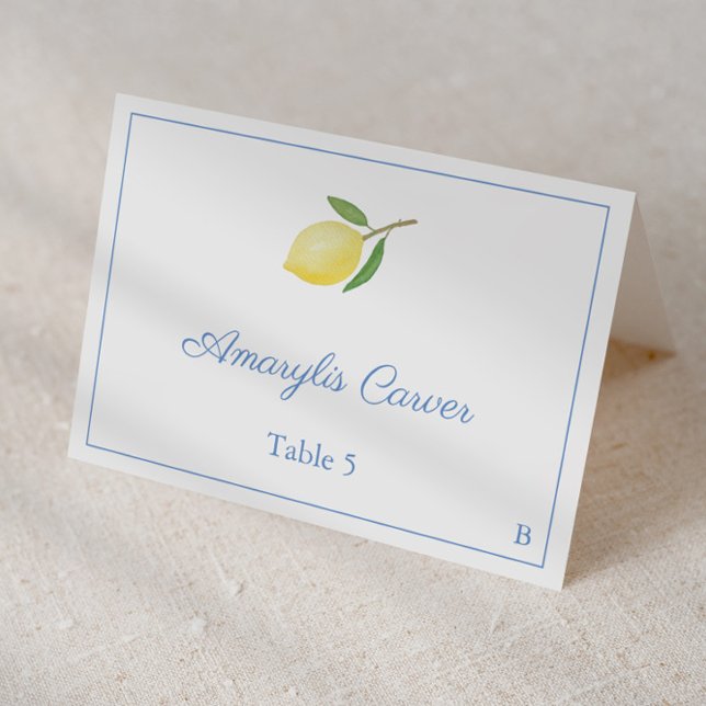 Cartão de Localidade Azul-Limão-Limão-Elegante (Individual place cards featuring simple single lemon and summery blue and white seersucker backer)