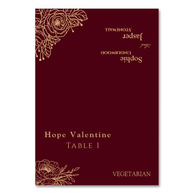 Cartão de Localidade Dourada Floral de Casamento D (Frente)