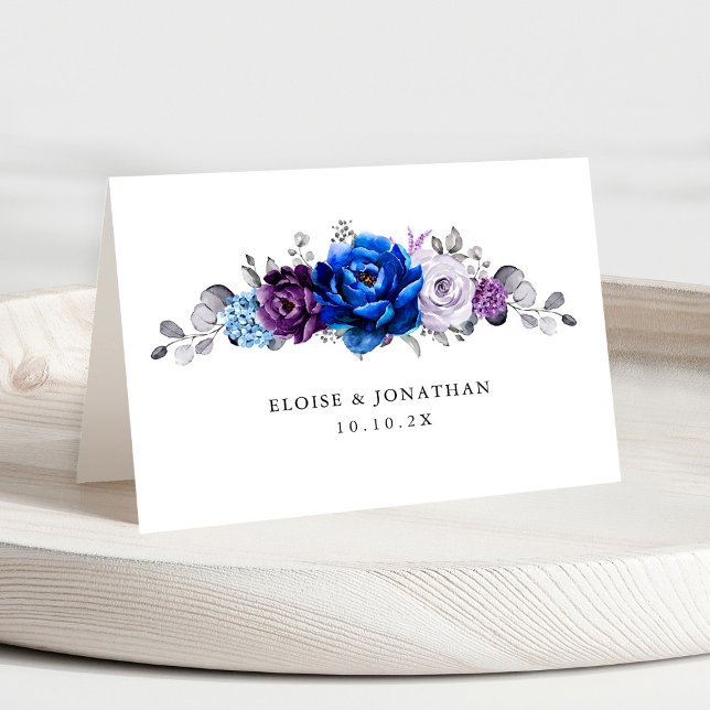 Cartão de Localidade Real Azul Roxo Lilac Blooms (Royal Blue Purple Lilac Blooms Wedding Place Card with individual guest name)