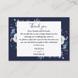 Cartão De Lugar Agradecimento de Casamento Floral Azul Marinho Cou