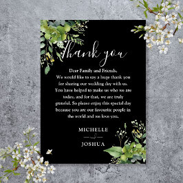 Cartão De Lugar Agradecimento de casamento floral verde com preto 