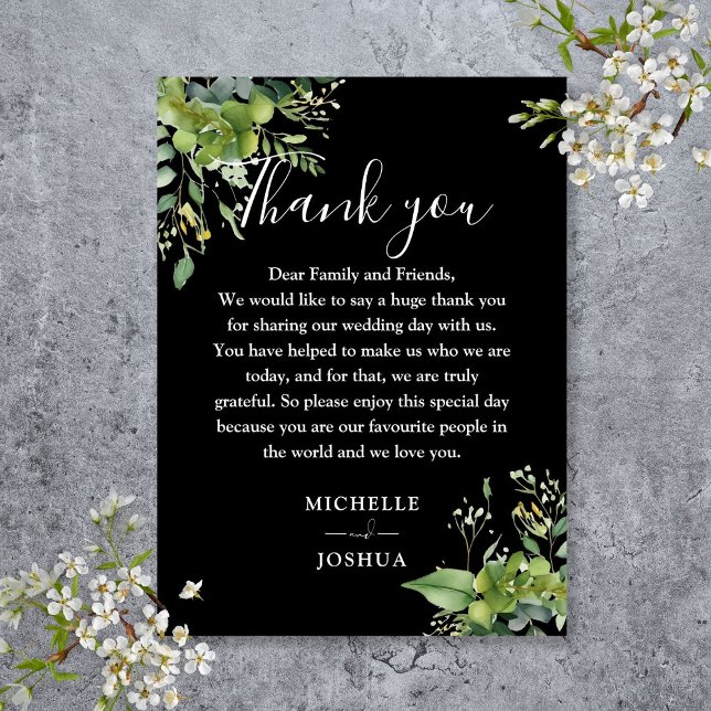 Cartão De Lugar Agradecimento de casamento floral verde com preto  (Greenery Floral Black And White Wedding Thank You Place Card)