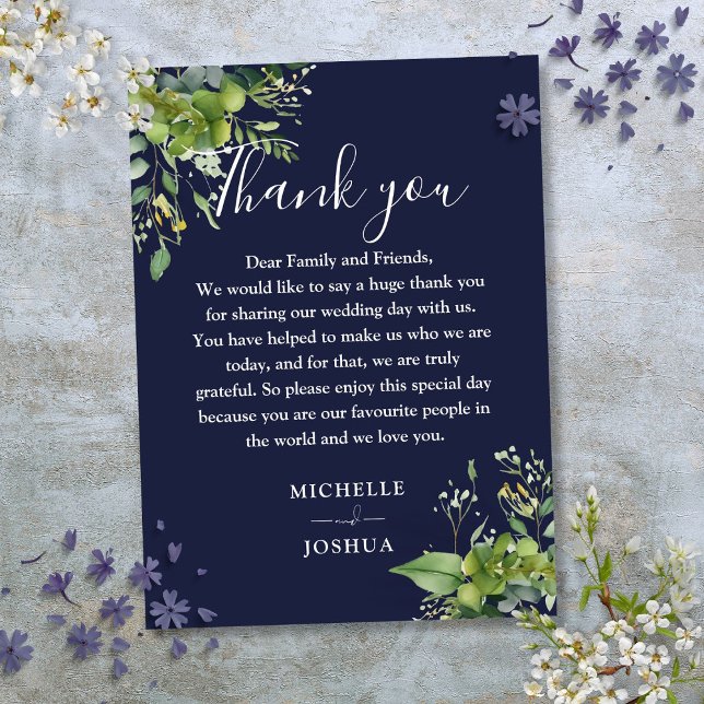 Cartão De Lugar Agradecimento de casamento verde de eucalipto azul (Eucalyptus Greenery Navy Blue Wedding Thank You Place Card)