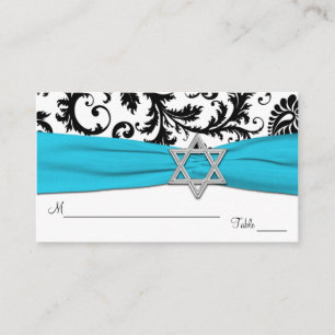 Cartão De Lugar Aqua, Brancos, Damasco Preto, Barramentos Mitzvah