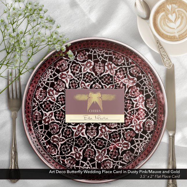 Cartão De Lugar Arte Deco Borboleta Antiguamente Dourada Rosa (Art Deco Butterfly Antique Gold  and Dusty Pink/Mauve Wedding Place Card
)