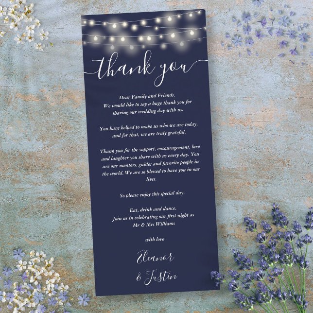 Cartão de lugar azul marinho Luzes de Agradeciment (Wedding Thank You Lights Navy Blue Place Card)