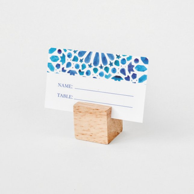 Cartão De Lugar Azulejo Mediterrâneo Azul Aquarela Casamento (Criador carregado)