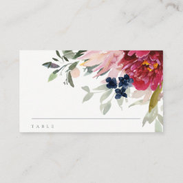 Cartão De Lugar Batismo Floral Dourado Azul com Borgonha Vermelha 